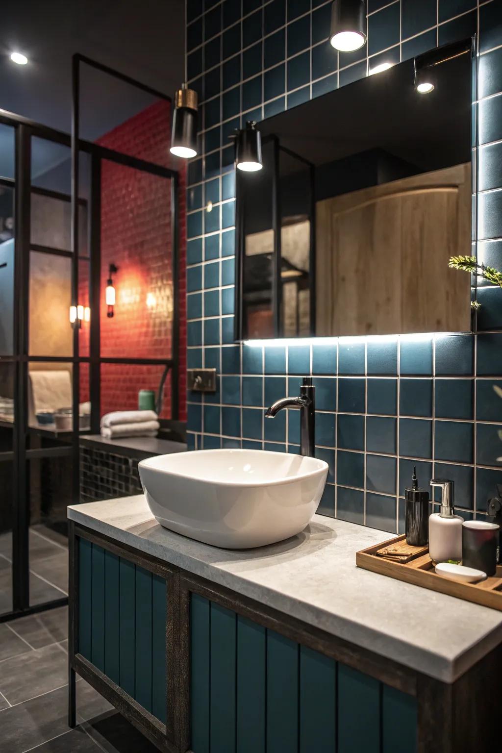 A striking accent wall contributes drama and character to this stylish bathroom.