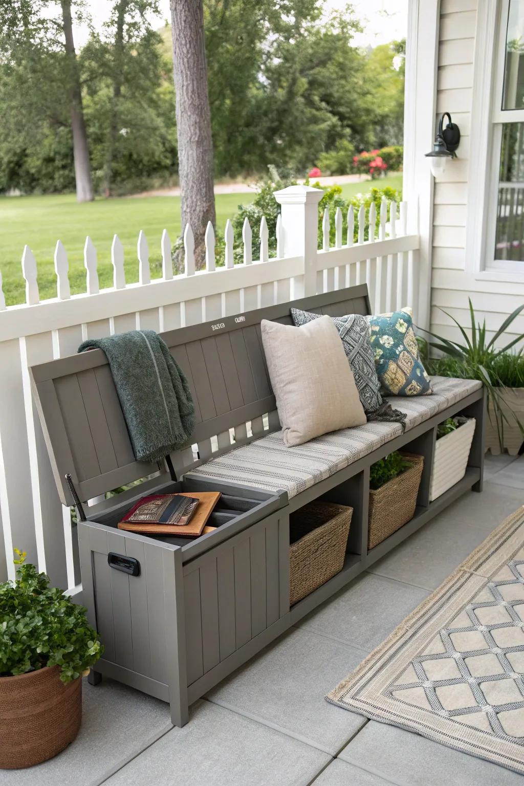 A storage bench maintains the porch neat and structured.