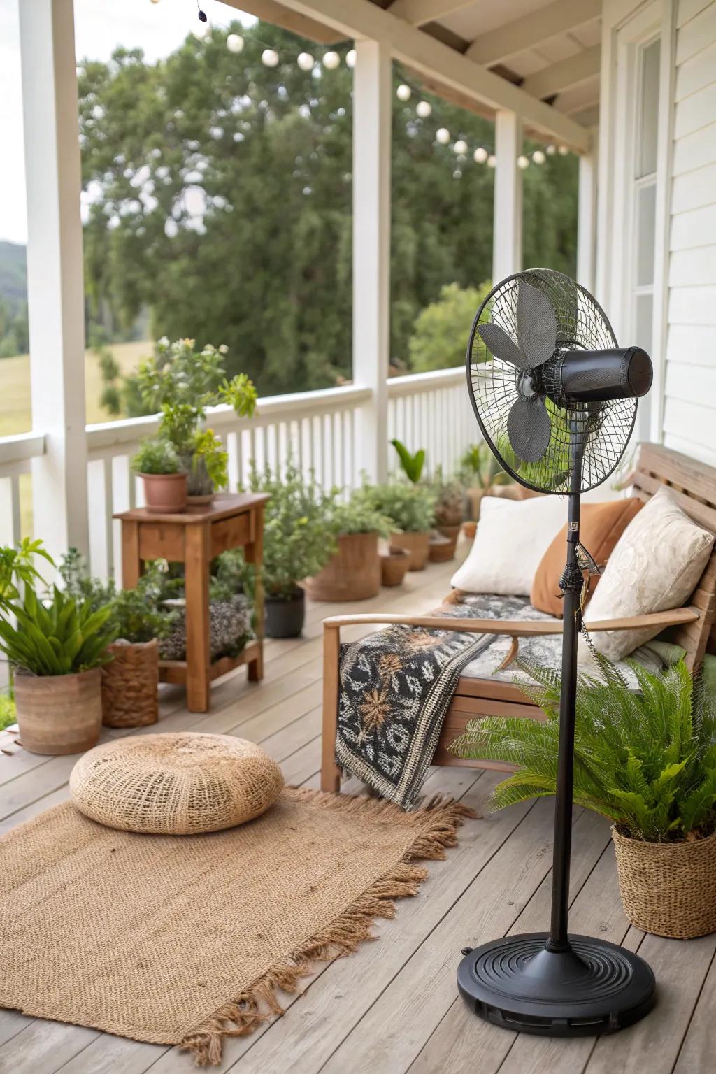 A solar-powered fan offers eco-friendly cooling on this sustainable porch.