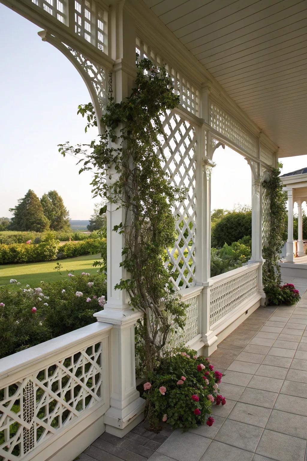 A crisscross-infused knee wall that props up abundant greenery.