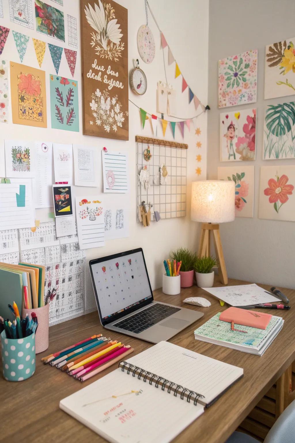 A personalized and creative workspace that displays custom posters.