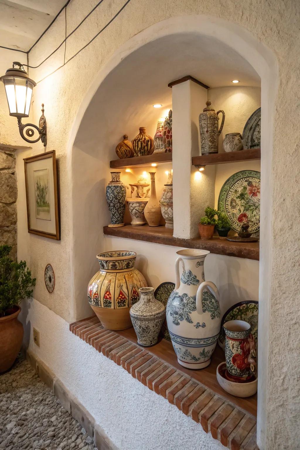 An artistic pottery display in a petite nook.