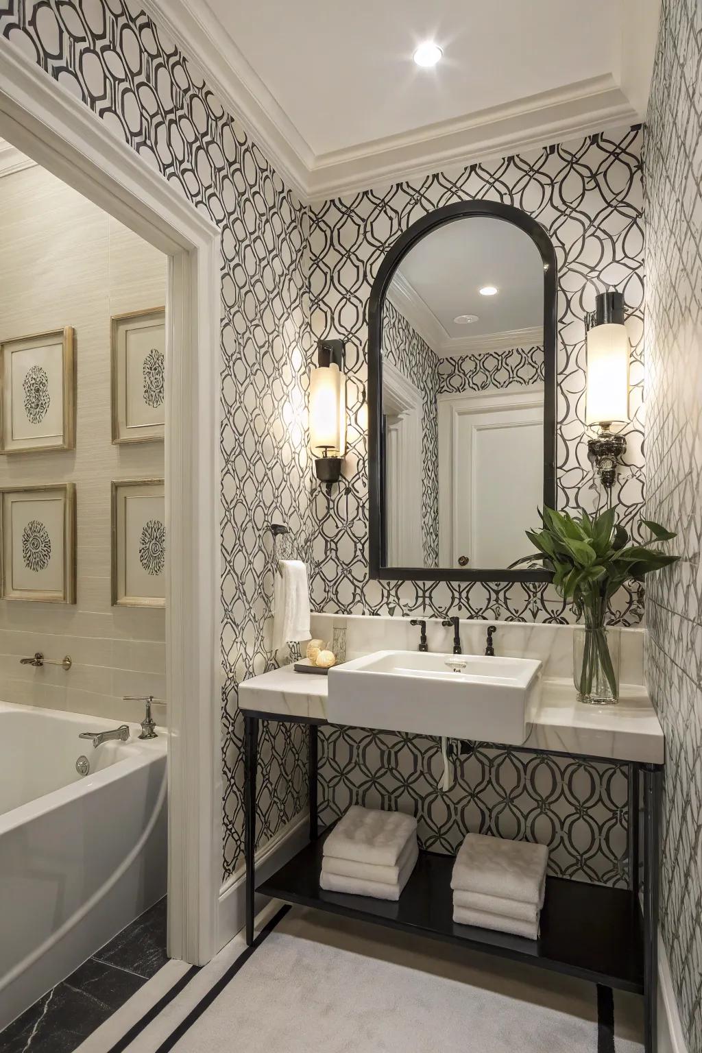 Refined monochrome designs create a luxurious and timeless guest bathroom.