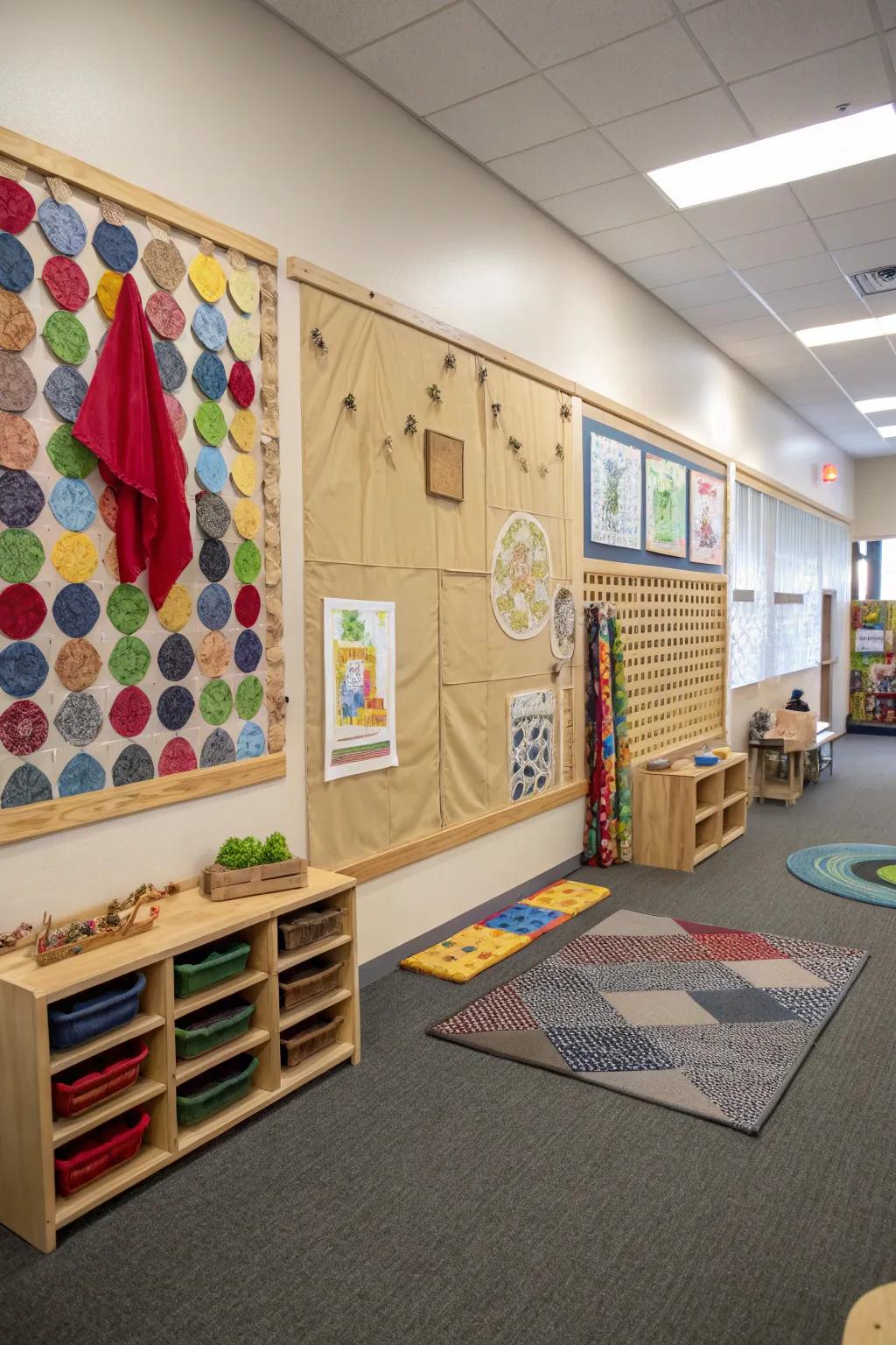 Walls featuring tactile elements for sensory exploration.