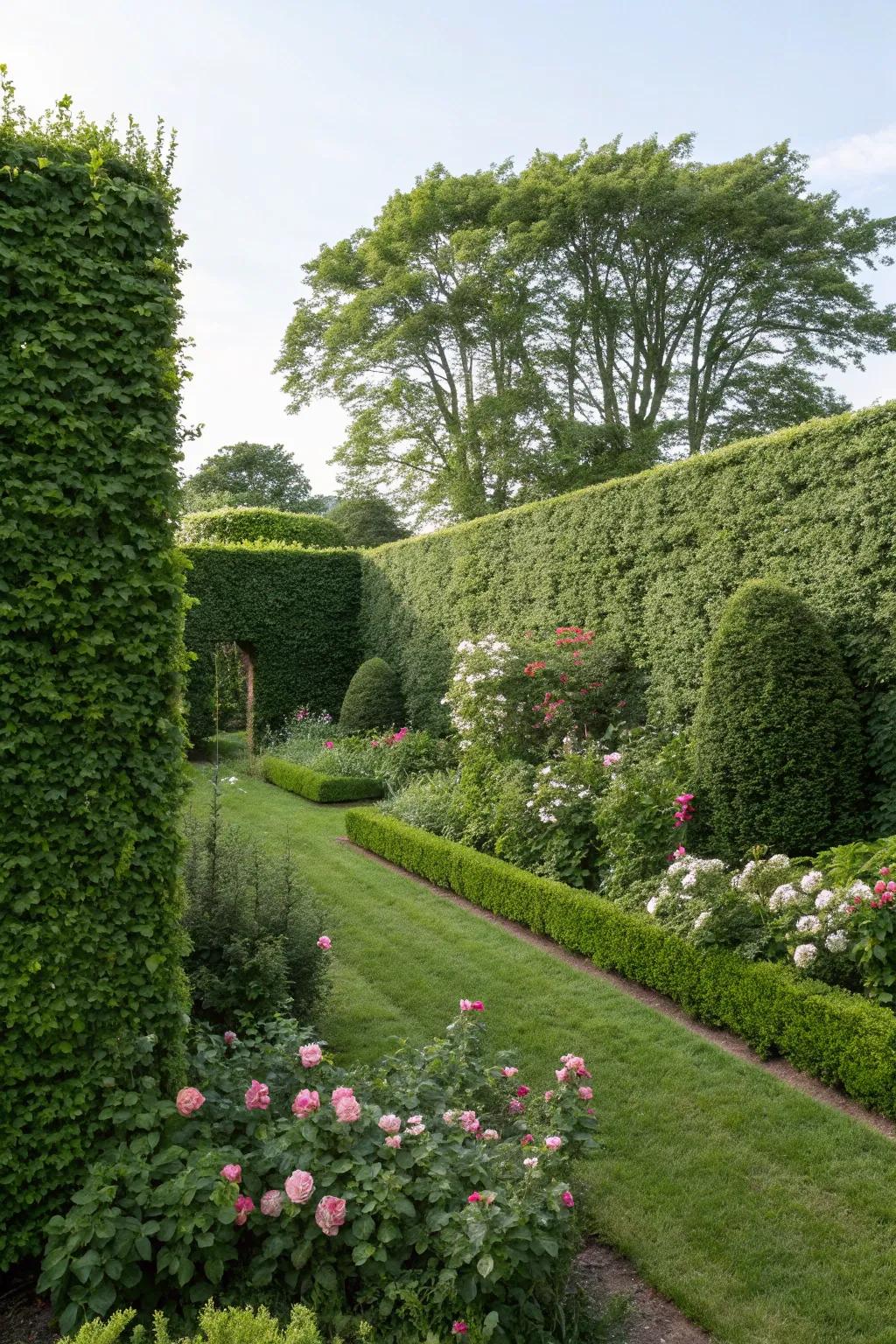 Hedgerow partitions offer ageless natural privacy and beauty.