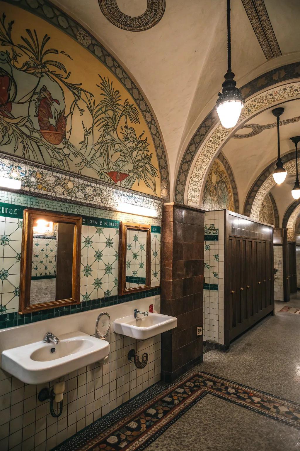 Creative details add memorable visual appeal to public restrooms.