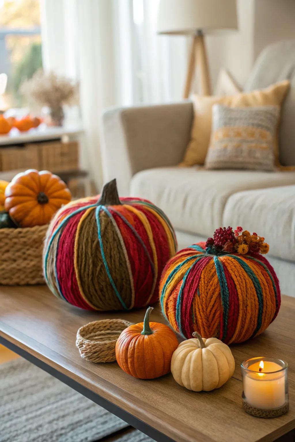 Yarn-enclosed pumpkins imparting a snug sensation.