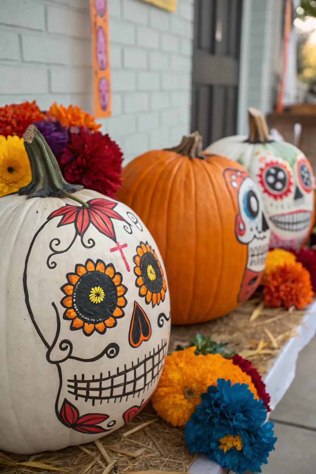 Day of the Dead-inspired pumpkins impart cultural style to your decor.