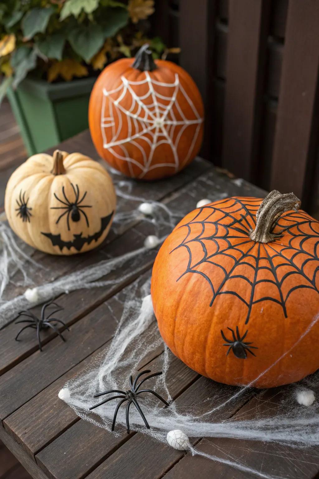 Immerse yourself in the Halloween spirit with creepy spider web pumpkins.