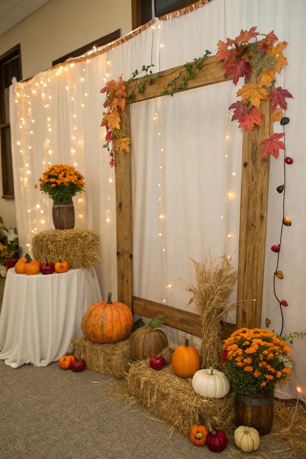 A festive photo booth backdrop featuring squashes.