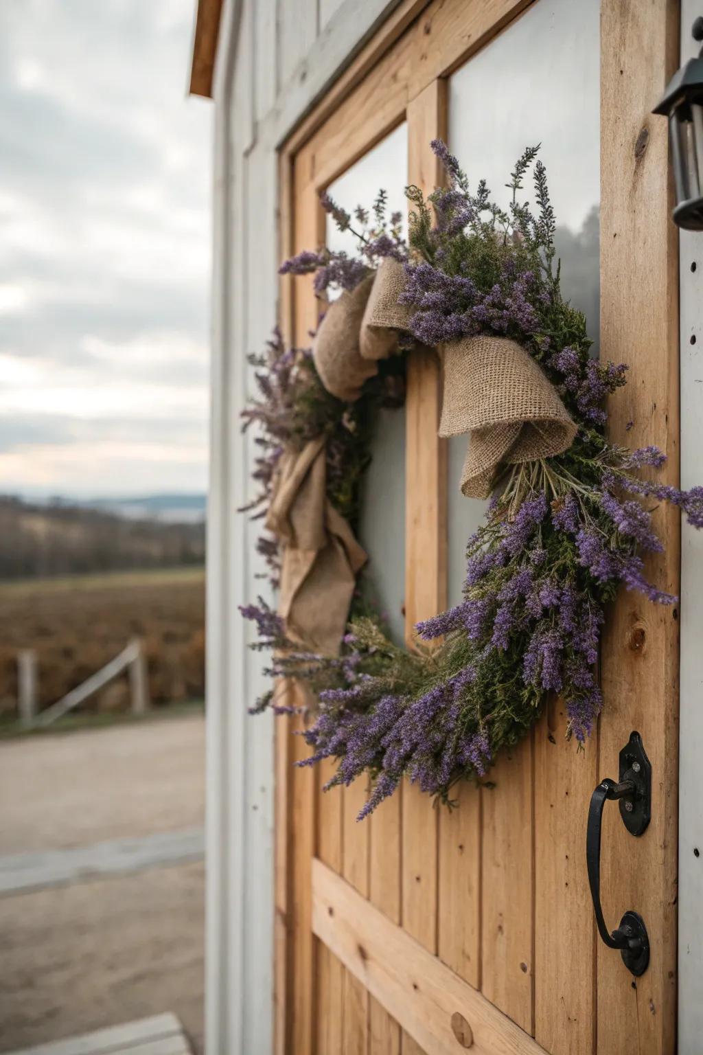 Lavender and burlap create a cozy rustic charm.