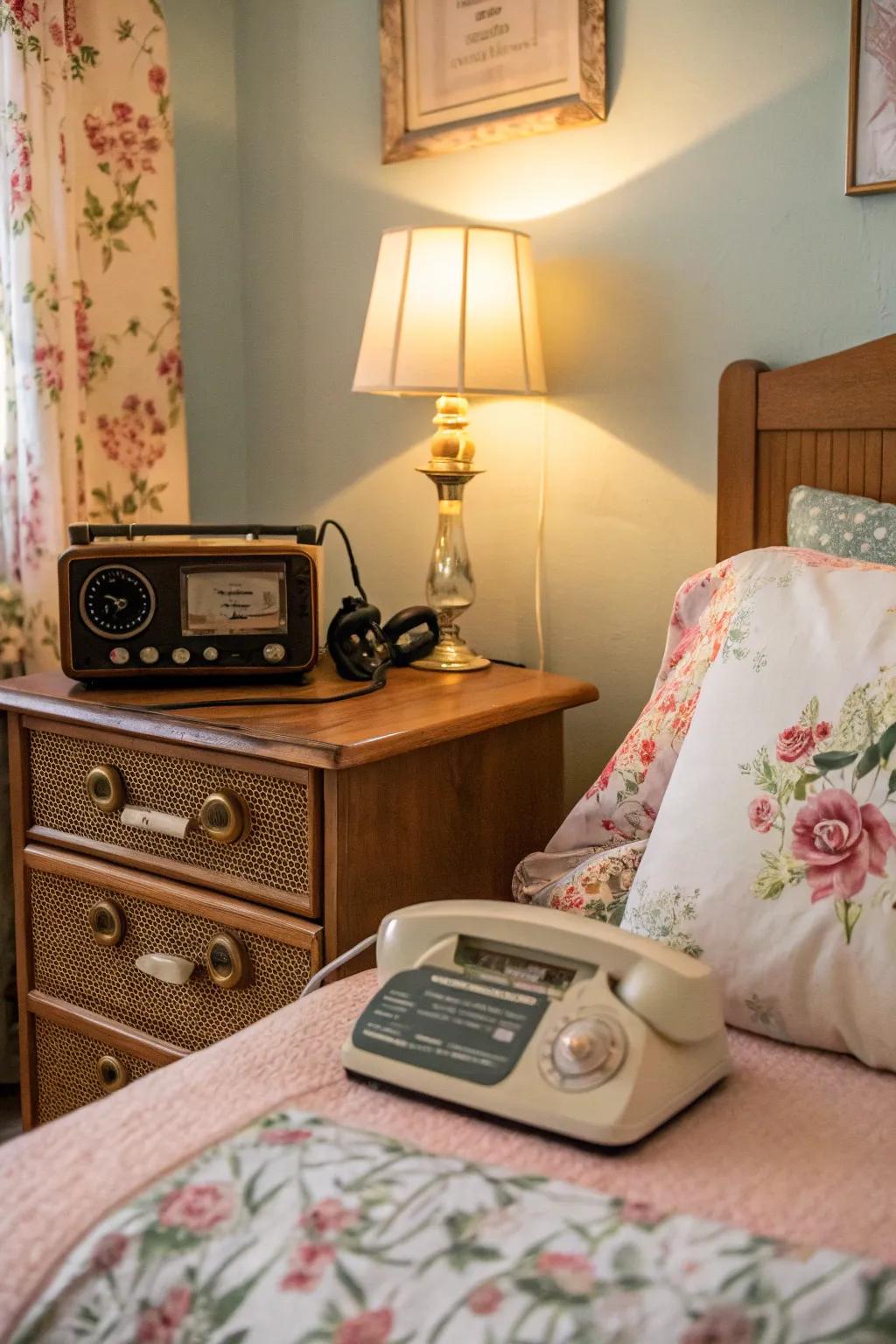 Retro accents adding nostalgic charm to a bedroom.