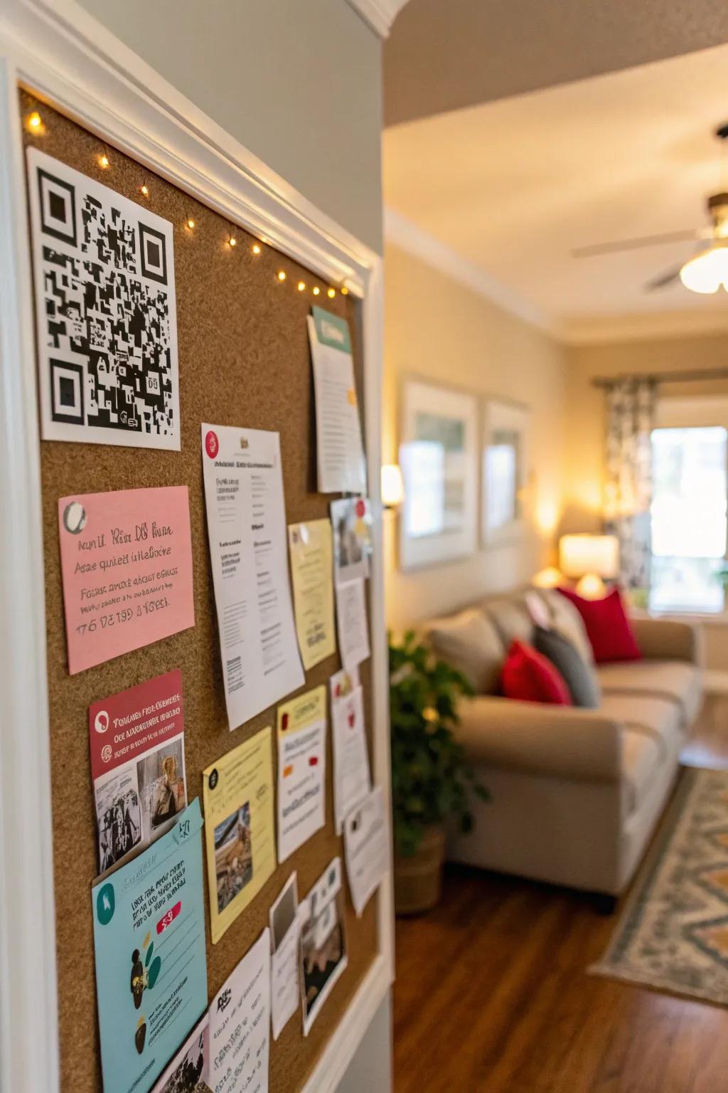 A tech-savvy pin board with digital integration and social media links.