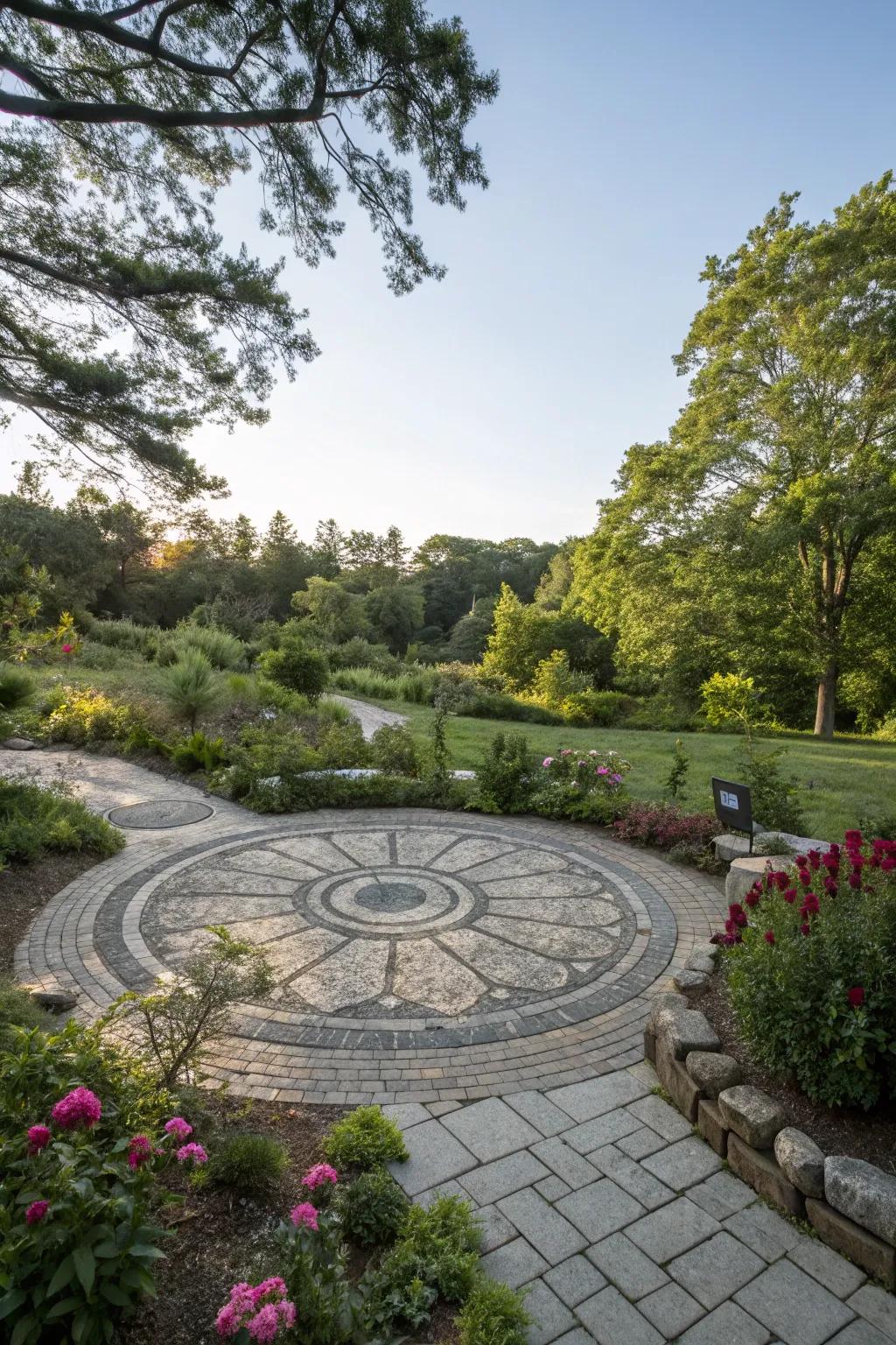 A garden showcasing a peaceful radial stone layout.