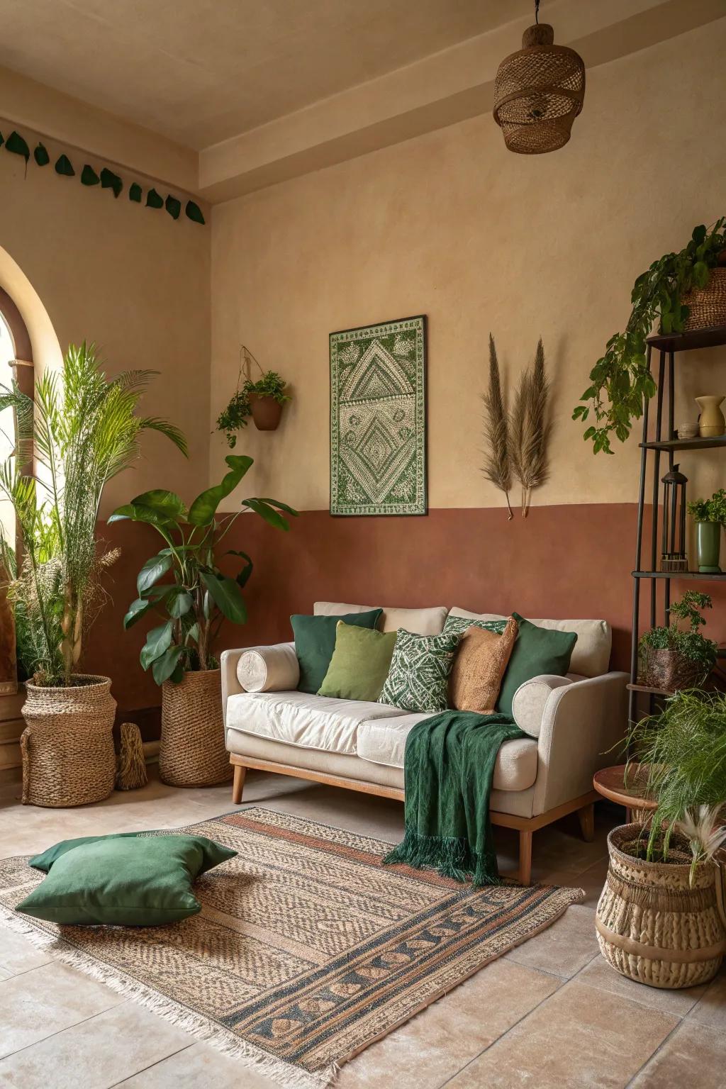 Employ an earthy pigmentation scheme for a harmonious atmosphere.