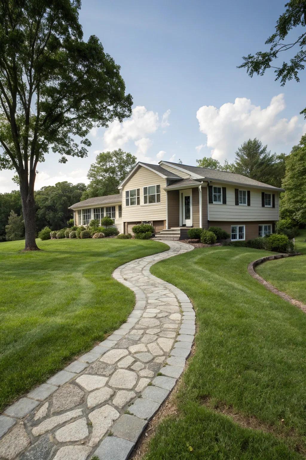 An artful rock walkway leading to the welcoming entrance of a raised ranch.