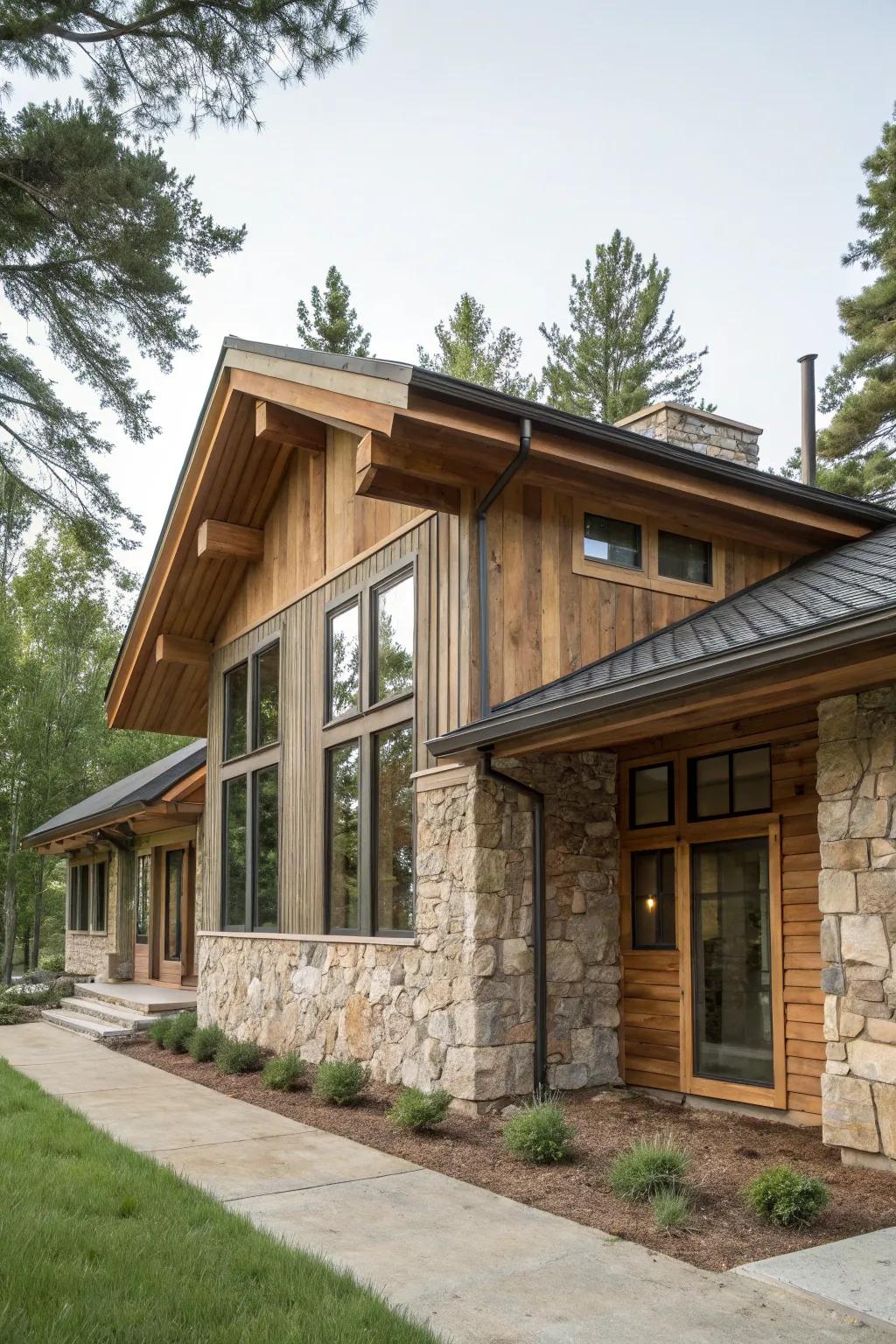 Mixed materials add depth and texture to the home exterior.