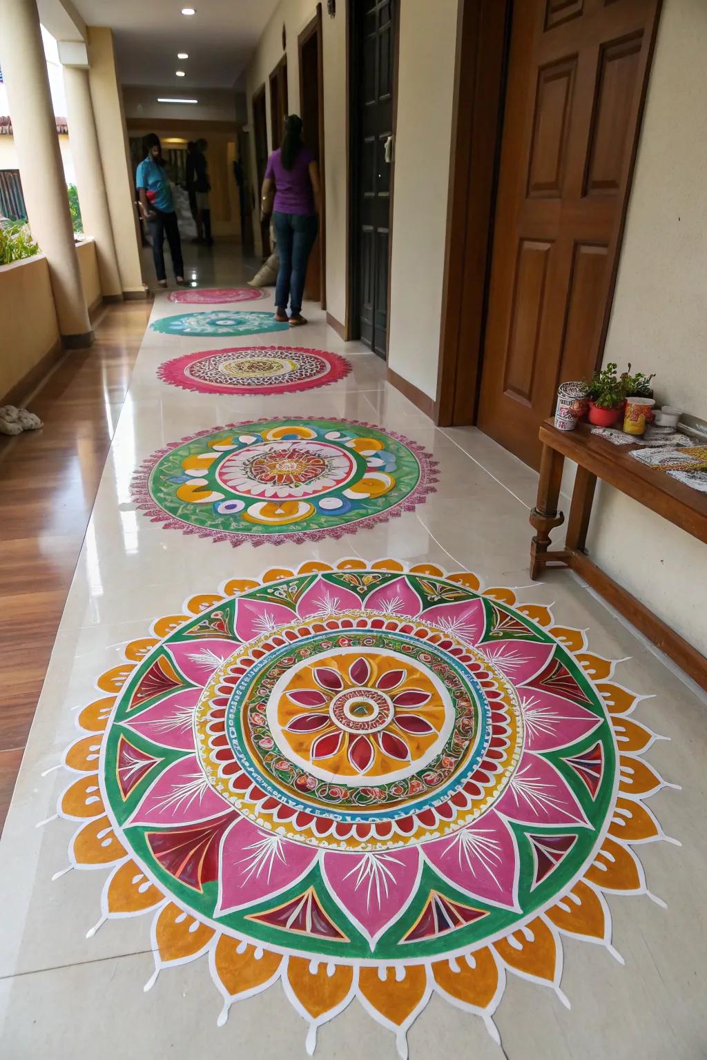 Tiered designs fashion a 3D effect, adding dimension to this rangoli masterpiece.