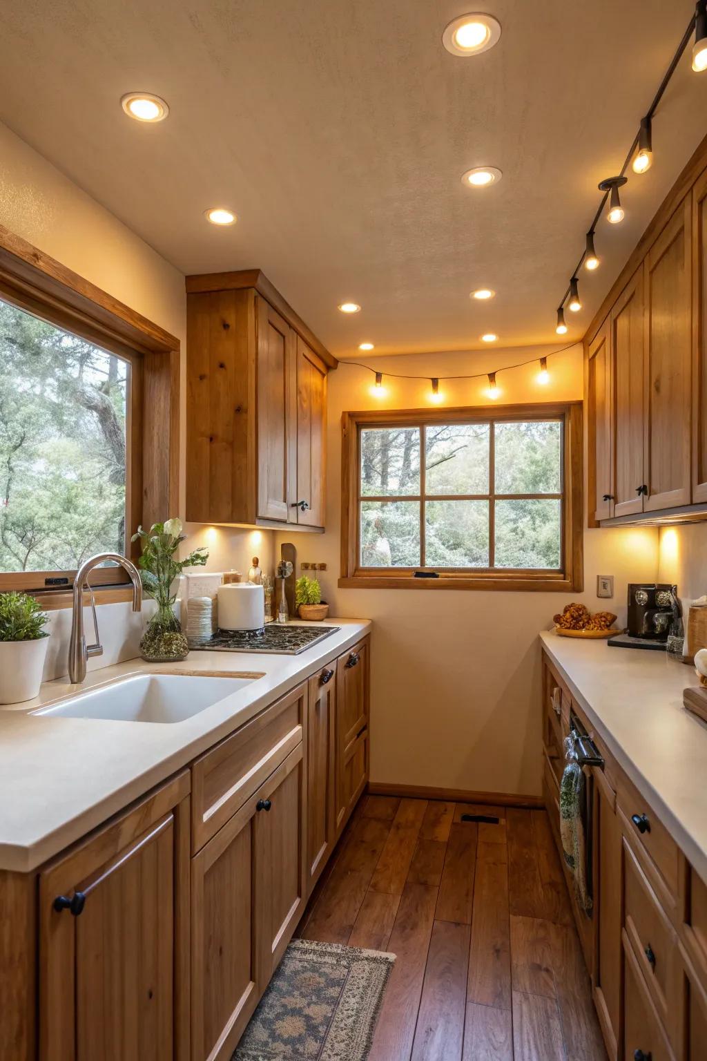 Warm lighting introduces a comfortable element to the kitchen.