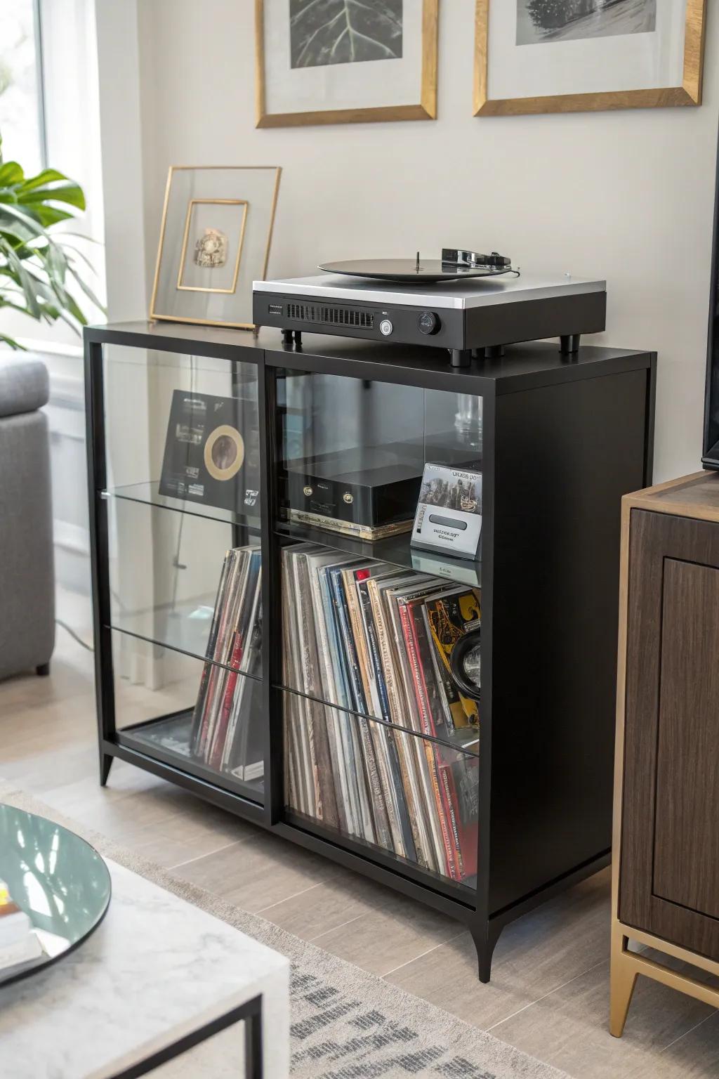 Glass shelves add a sophisticated touch to your record player arrangement.