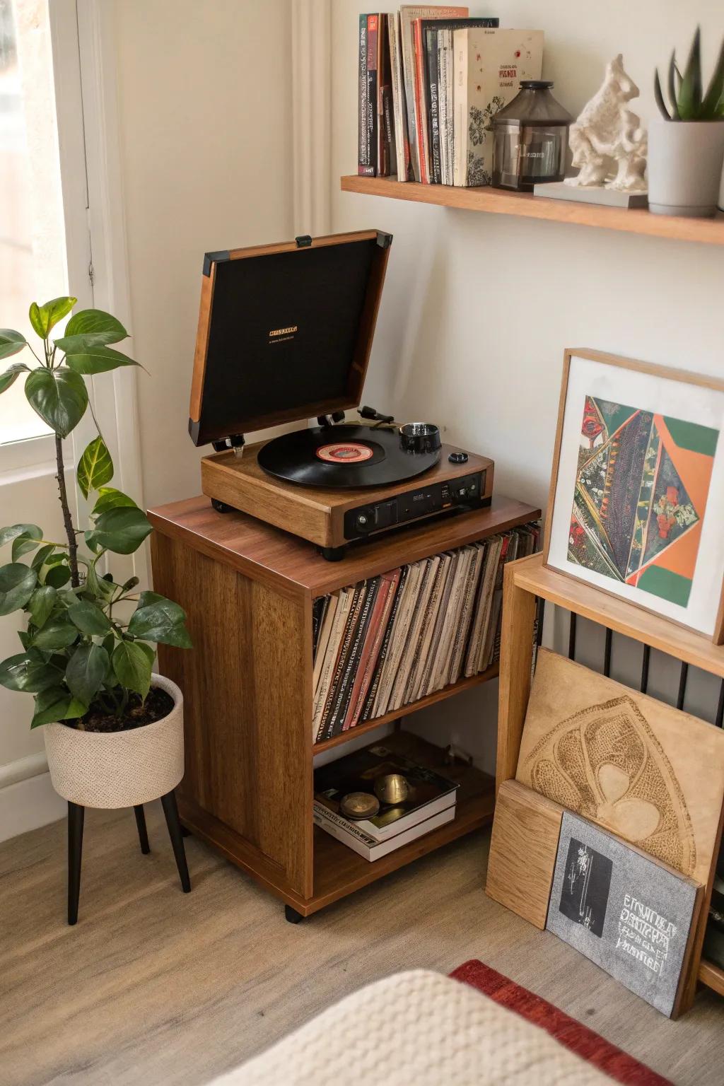 Compact corner space that has a player and vinyl collection.
