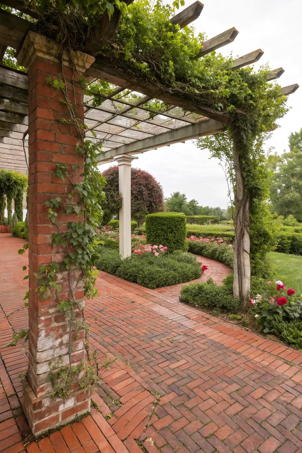 A red brick patio featuring a charming pergola covered in plants