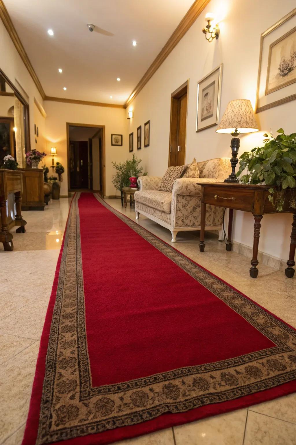 A scarlet path floor covering enhances the flow in a lengthy, narrow lounge.