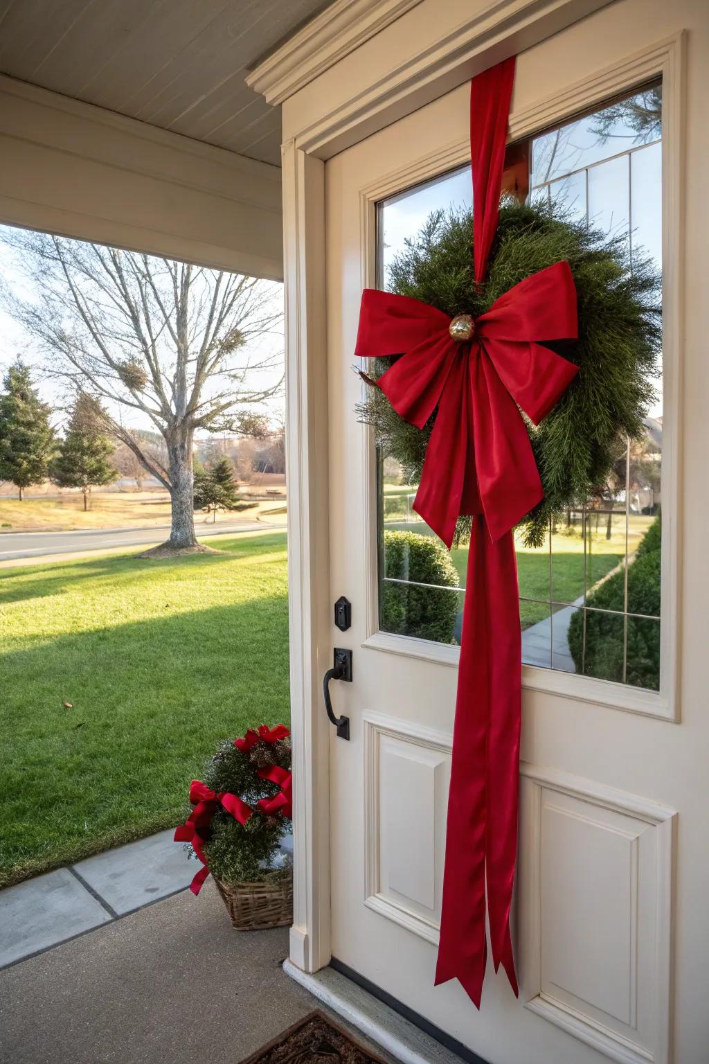 A striking crimson door embellishment to welcome the holidays.