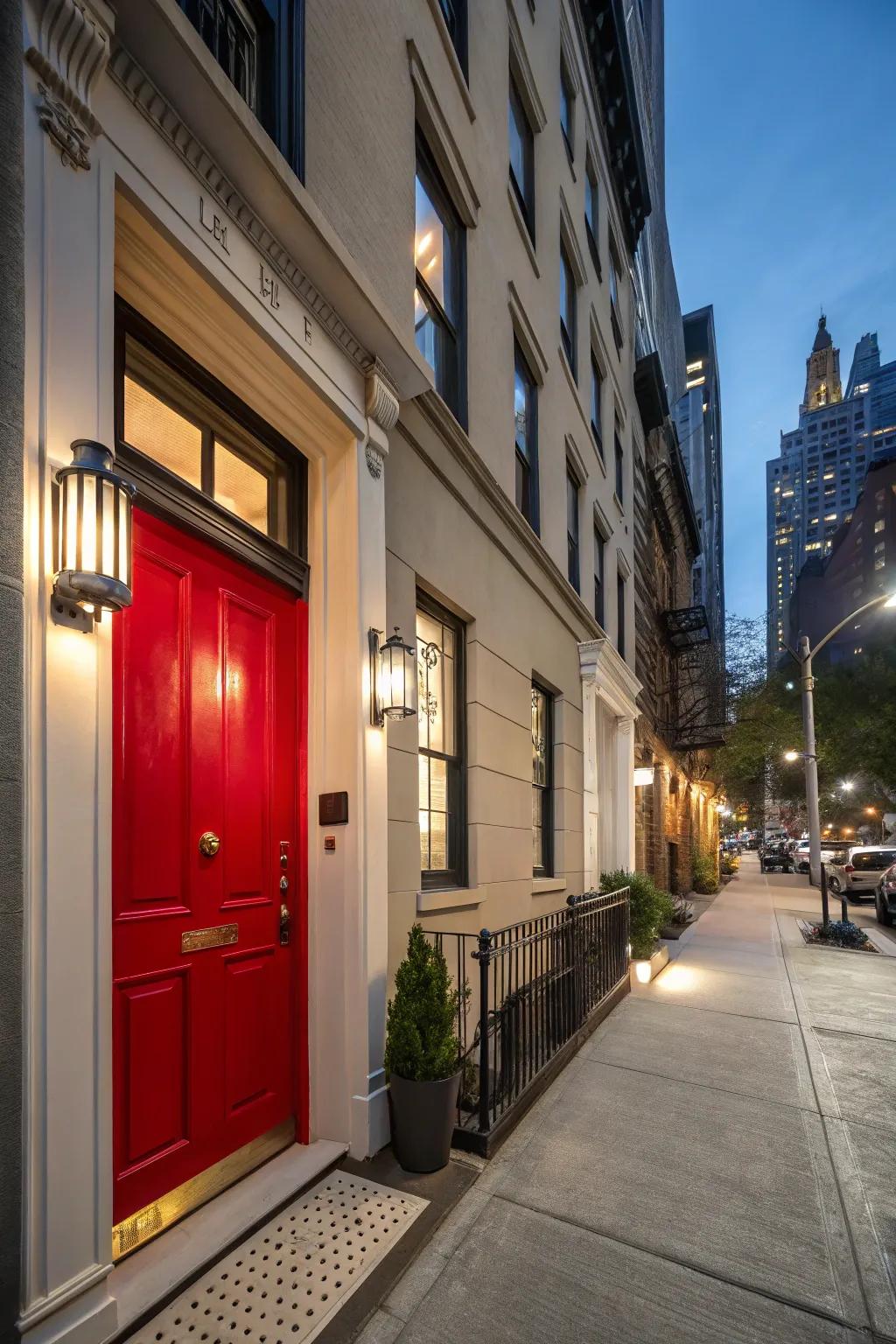 Urban townhouse with a smooth red entrance, epitomizing sophistication.