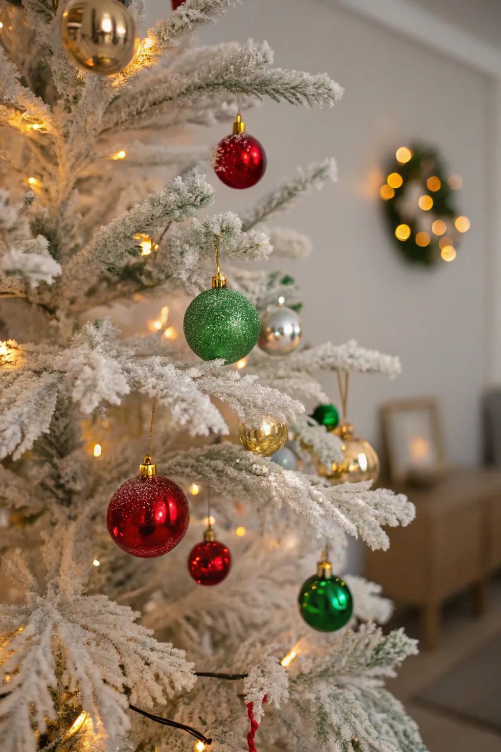 Frosted branches manifest a winter wonderland effect on this festive tree.