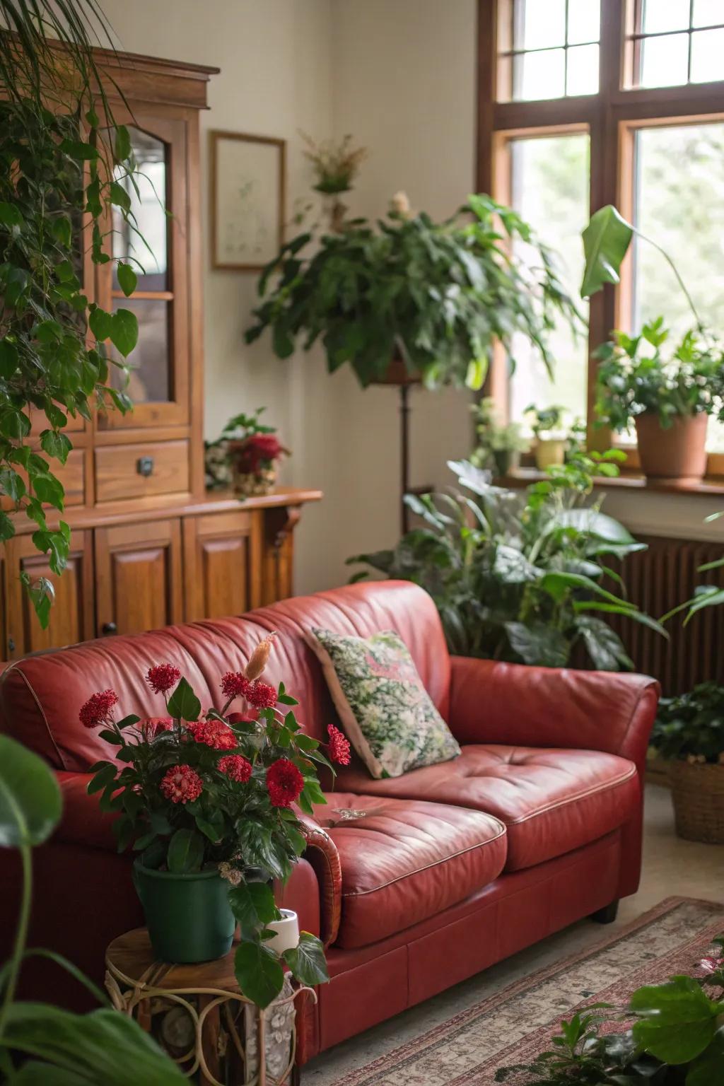 Flora imparts a refreshing contrast to a living space featuring a scarlet hide settee.