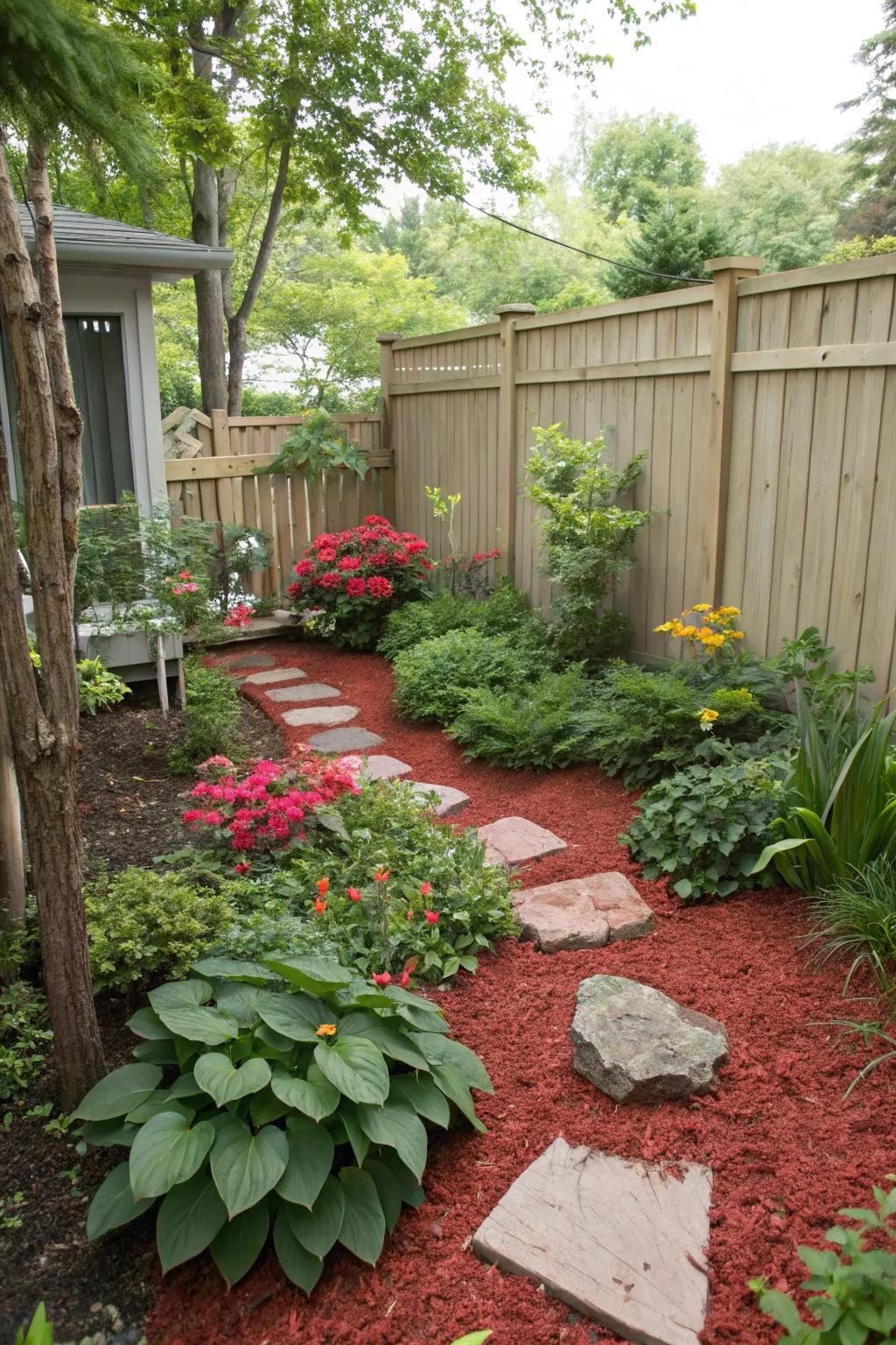 Red mulch defines small spaces, making each garden section feel unique.