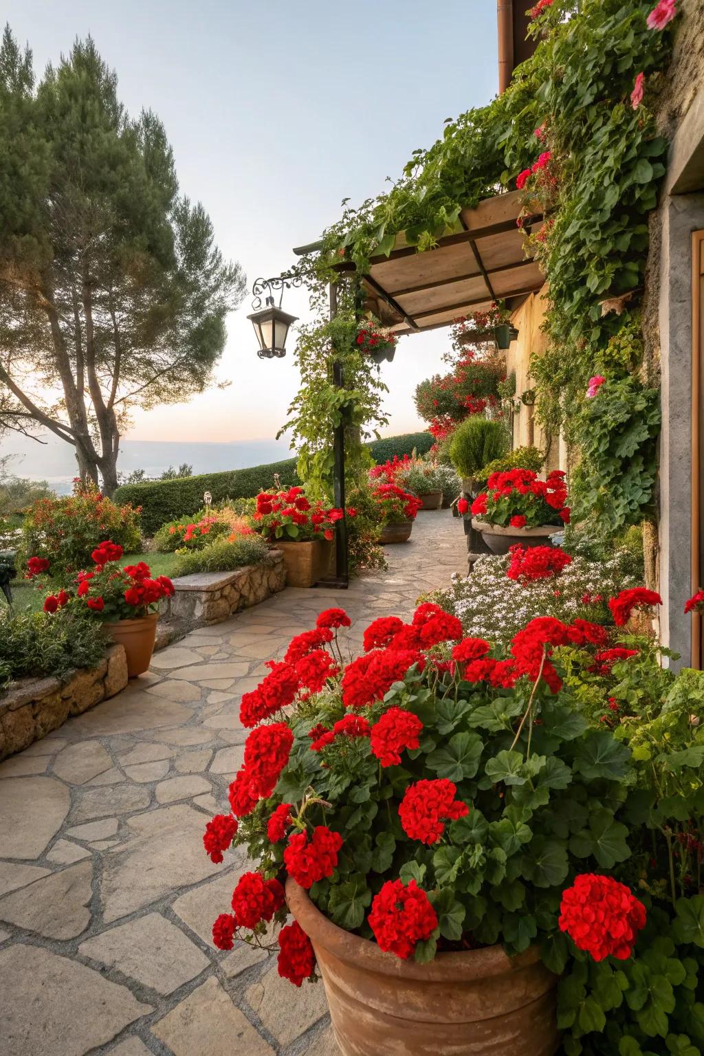 Scarlet geraniums add vibrancy to the garden.