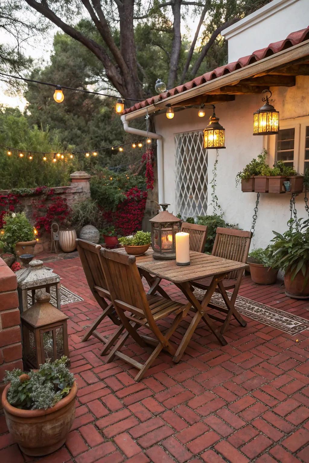 Homespun elegance and crimson pavers craft a cozy open-air area.