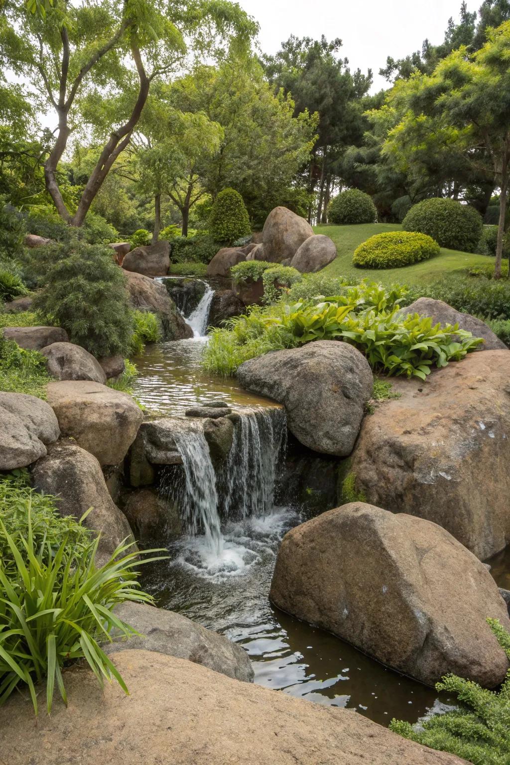 Stone water features cultivate a serene garden ambiance.