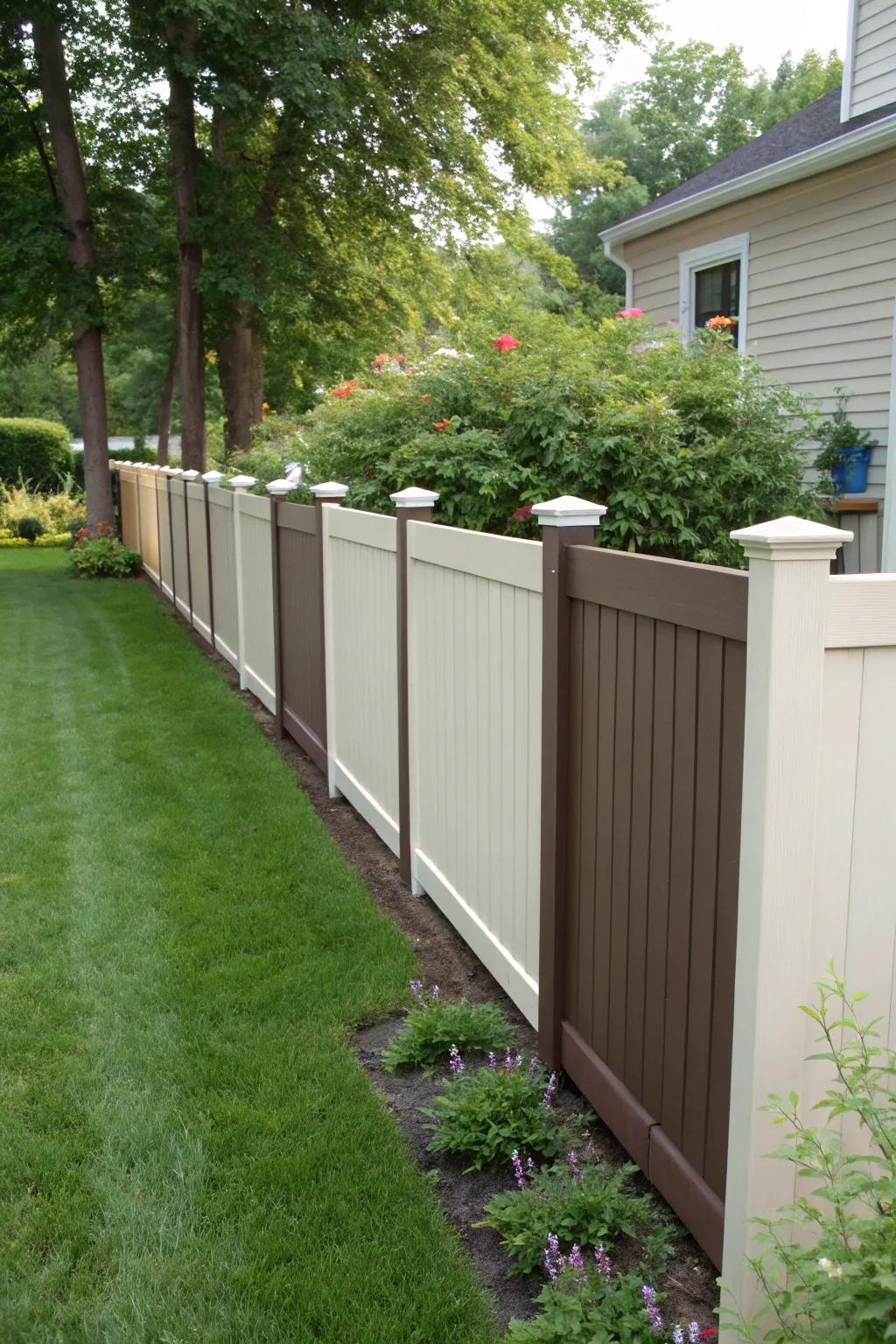 A dual-tone plastic fence delivers a contemporary twist with its captivating contrast.
