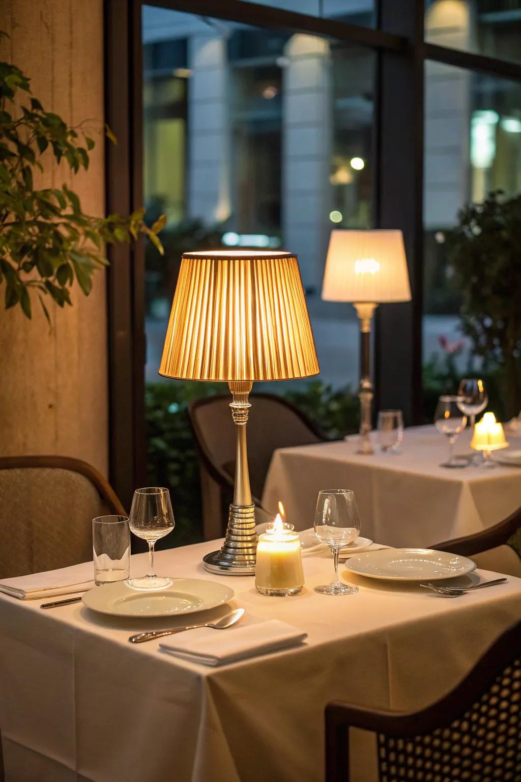 LED table lamp mimicking candle light on an intimate restaurant table arrangement.