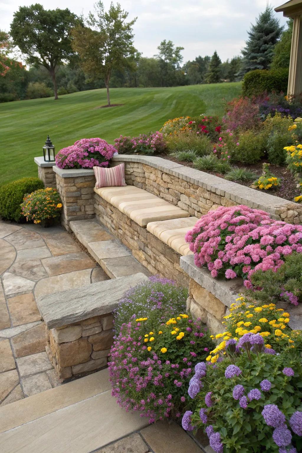 Retaining wall with integrated seating, offering a cozy spot amidst the garden.