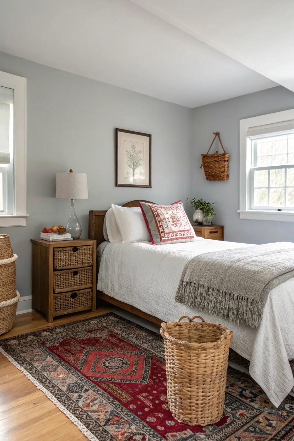 Woven elements introduce texture and warmth to a