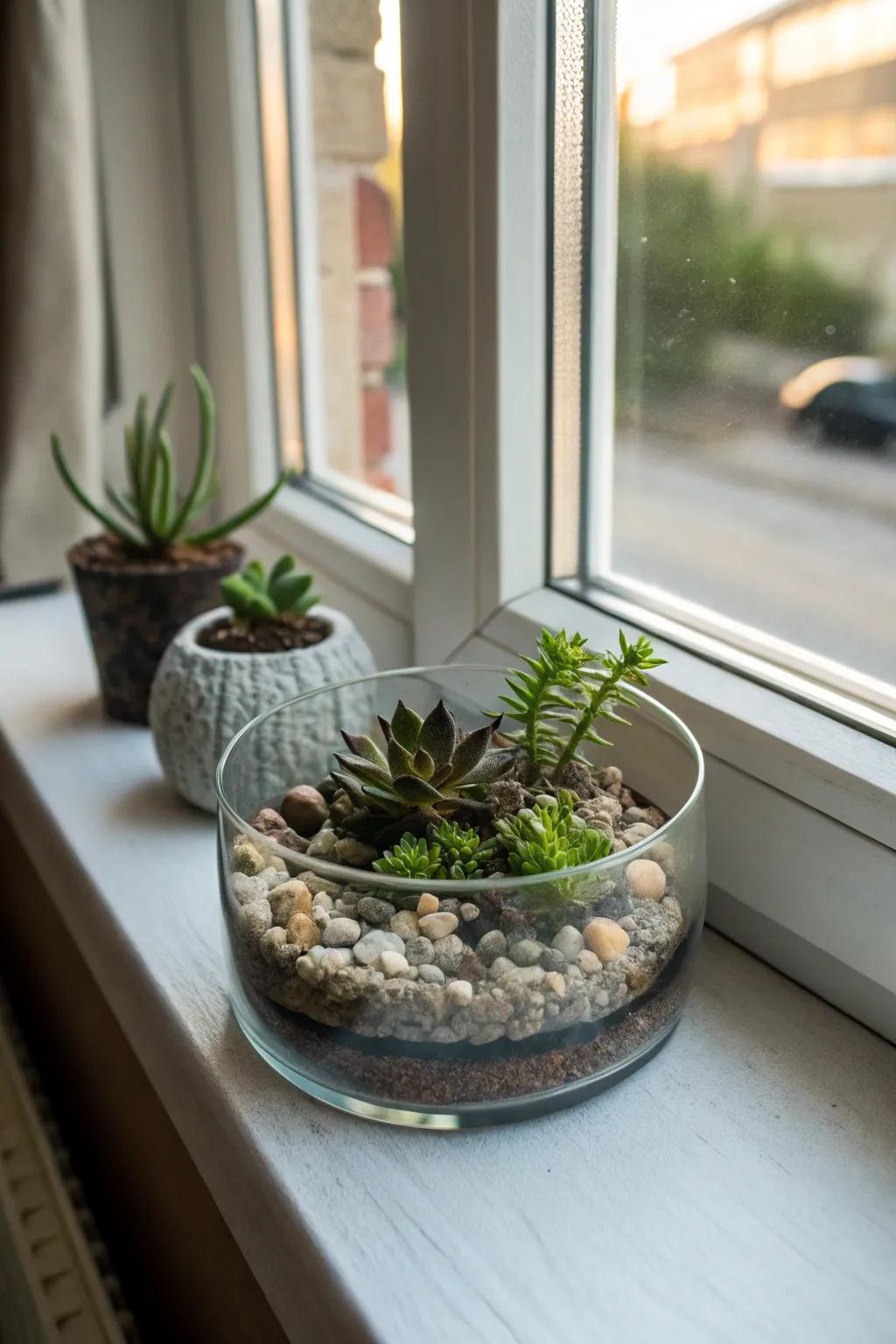 A miniature world, using rocks and greenery