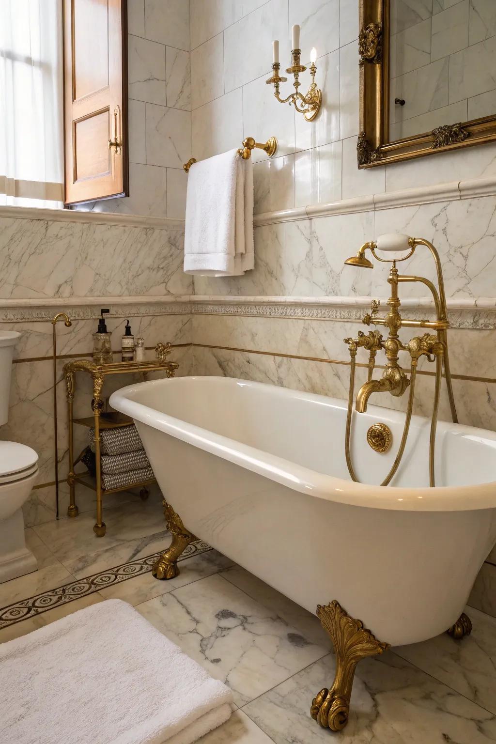 Vintage hardware imbues this Roman-inspired area with historical charm.