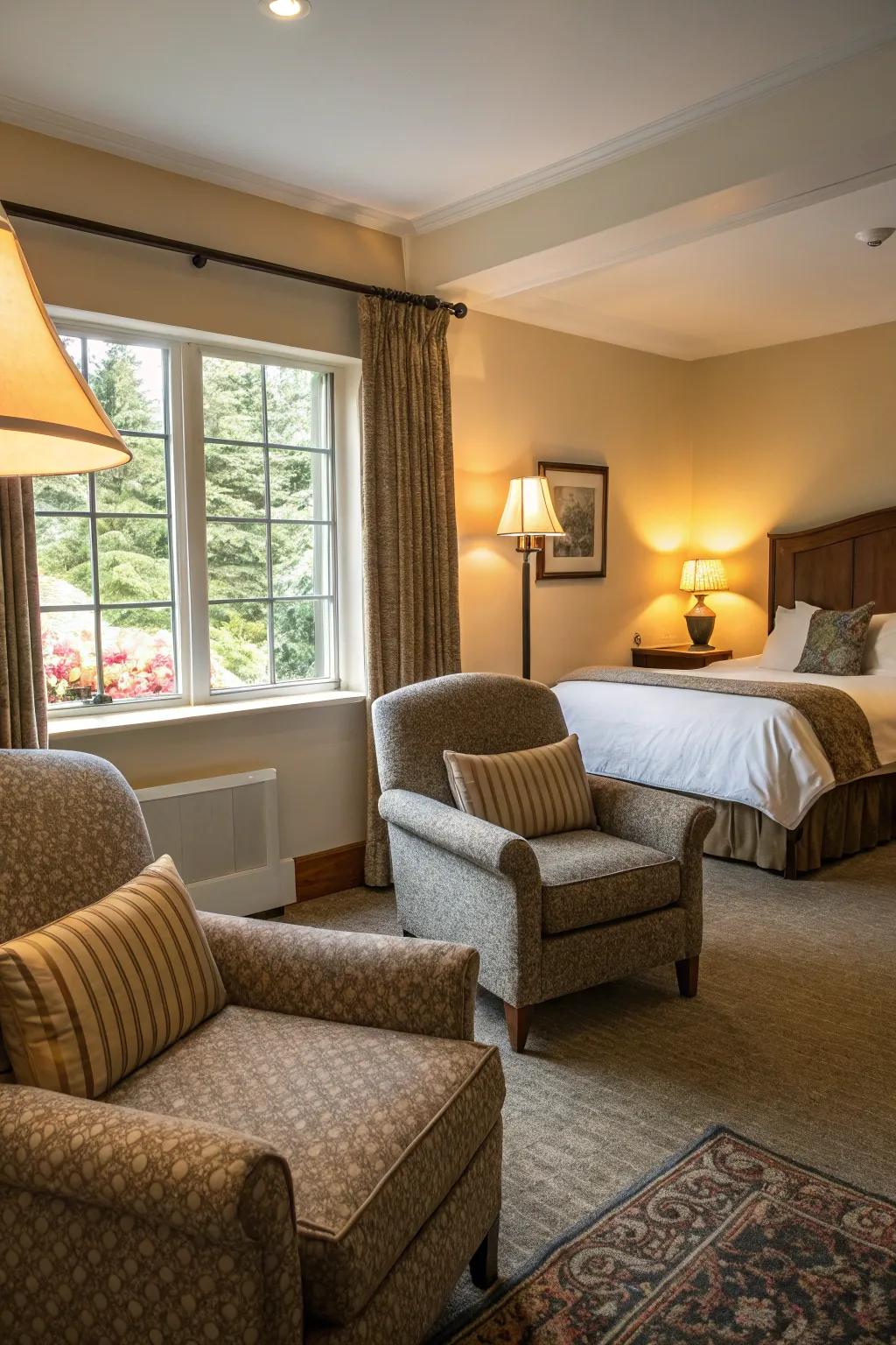 Comfortable seating spots beckon relaxation and conversation.