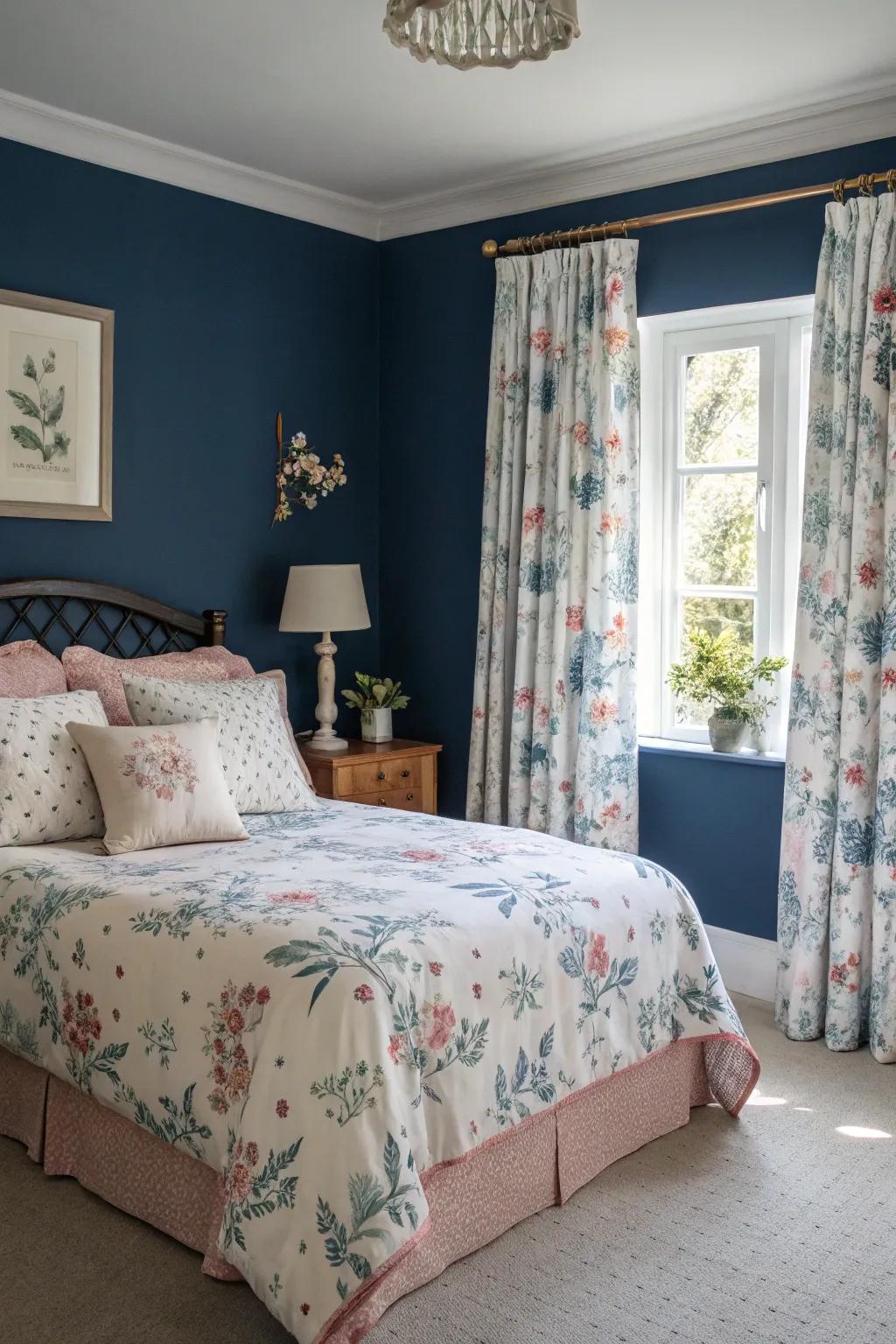 Flower patterns include romance and whimsy to deep blue decor.