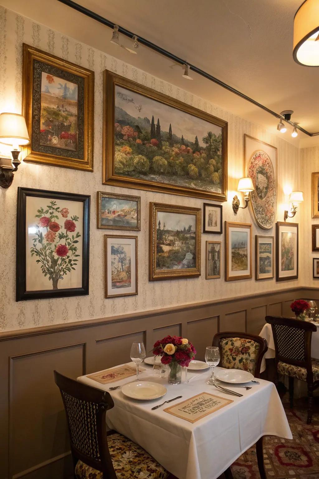 Artful wall accents inject personality and depth into your romantic dining room.