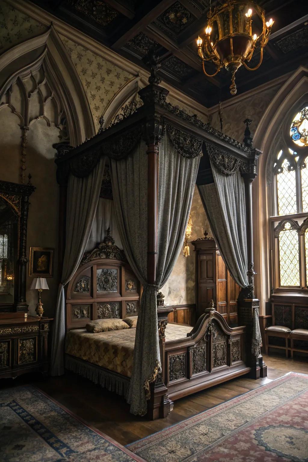 A four-poster bed with flowing drapes exudes romance and mystery.