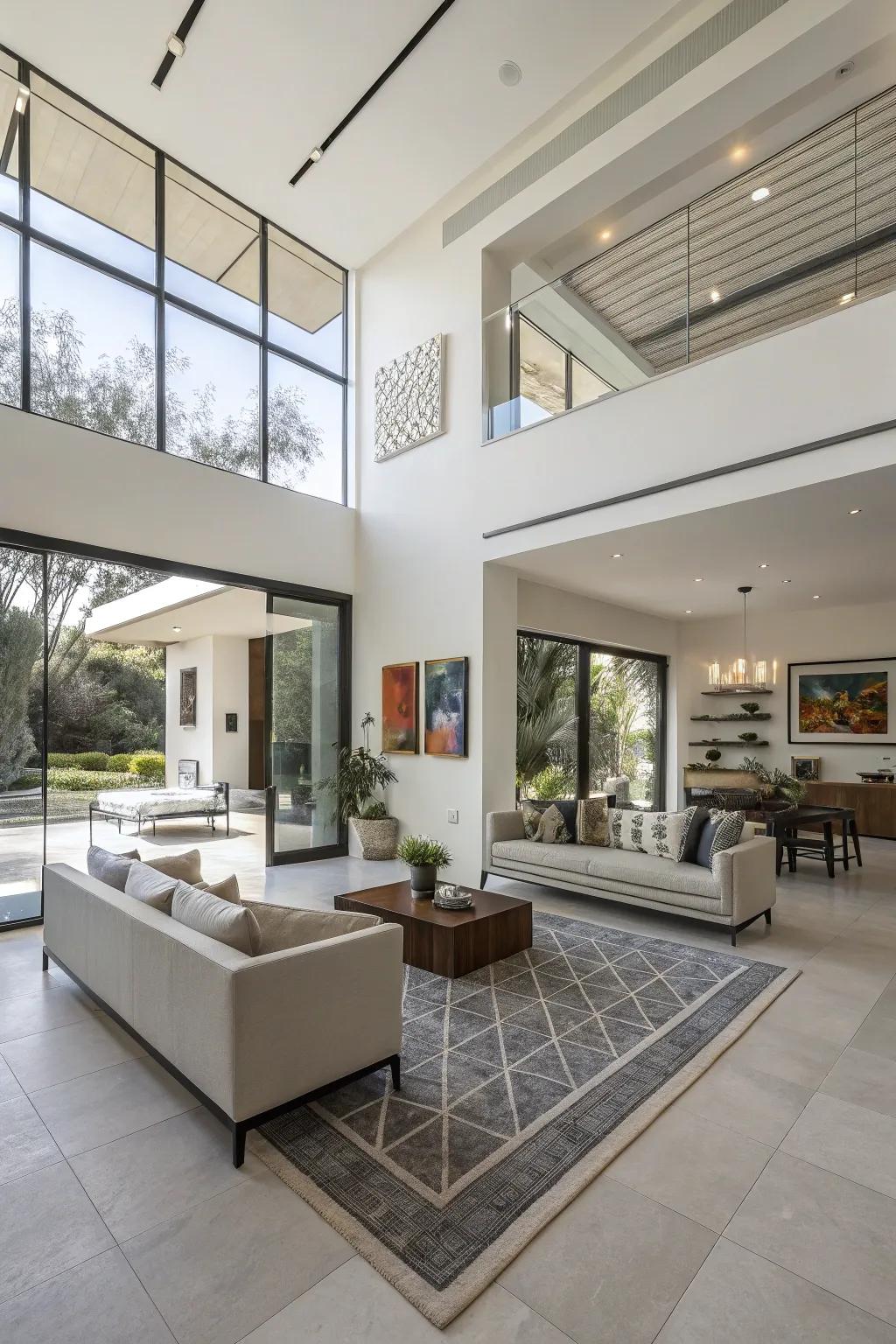 A modern space with an open layout and geometric touches.