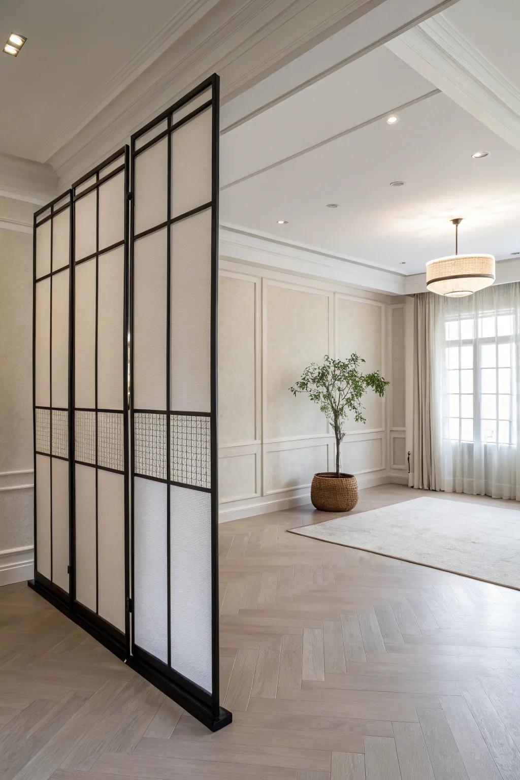 A minimalist room featuring a sleek half wall divider with uncluttered lines.