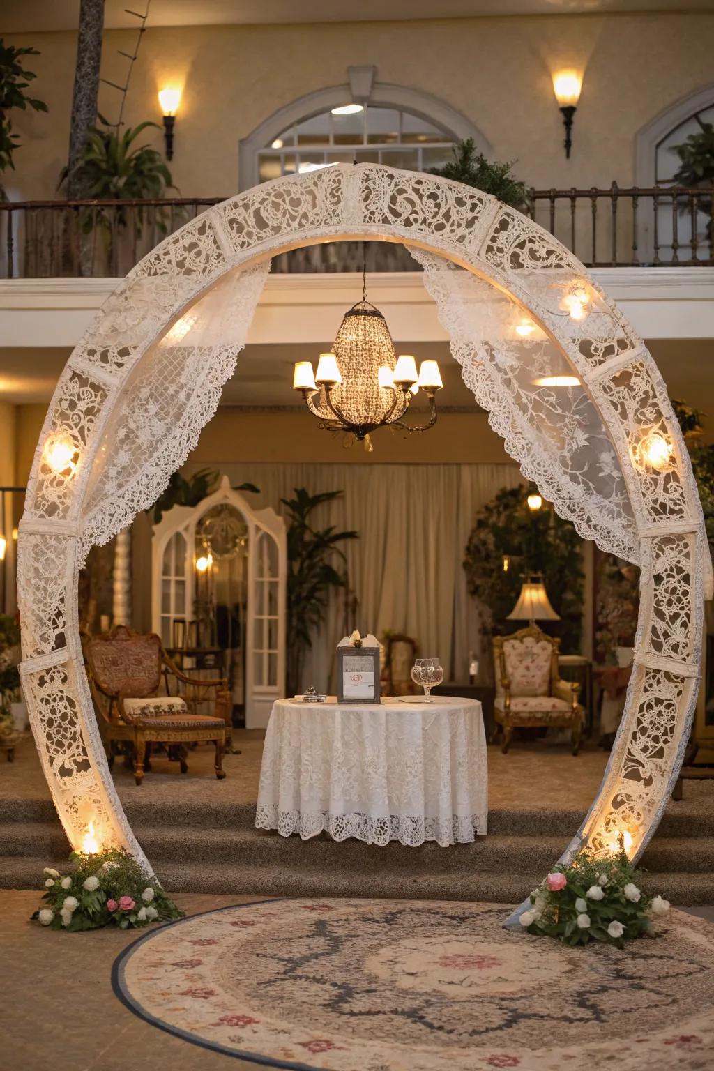 A vintage-themed arch with lace and antique touches, creating a timeless look.