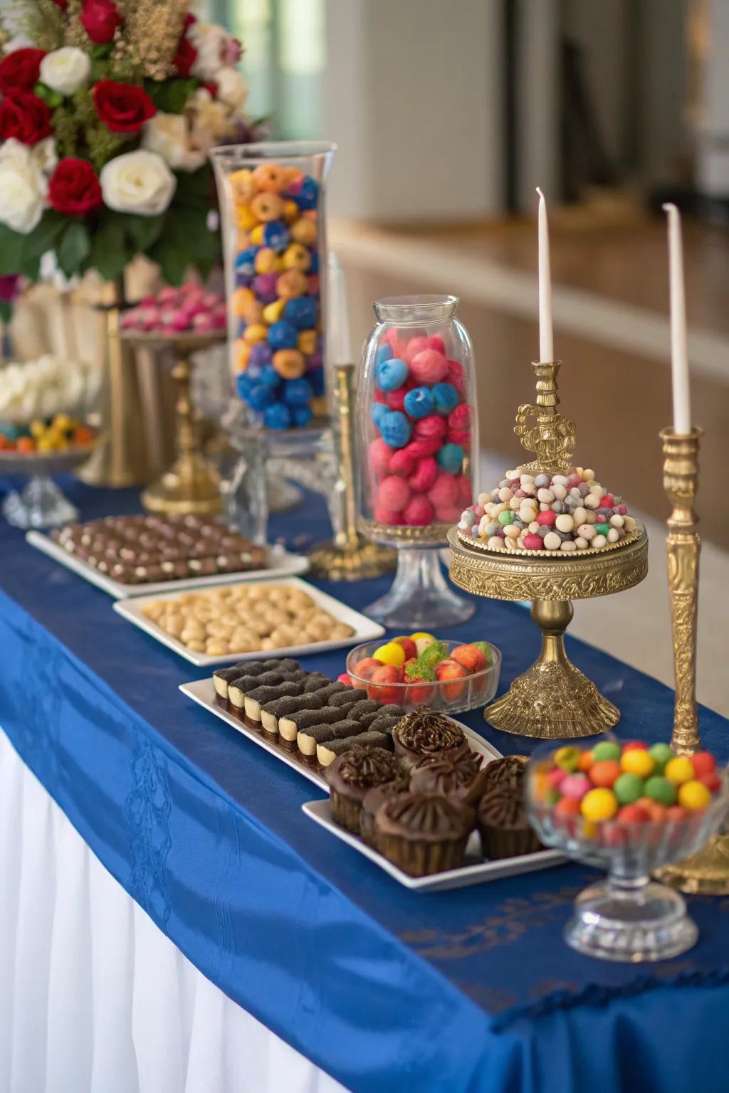 A royal blue table runner unifying the overall theme.