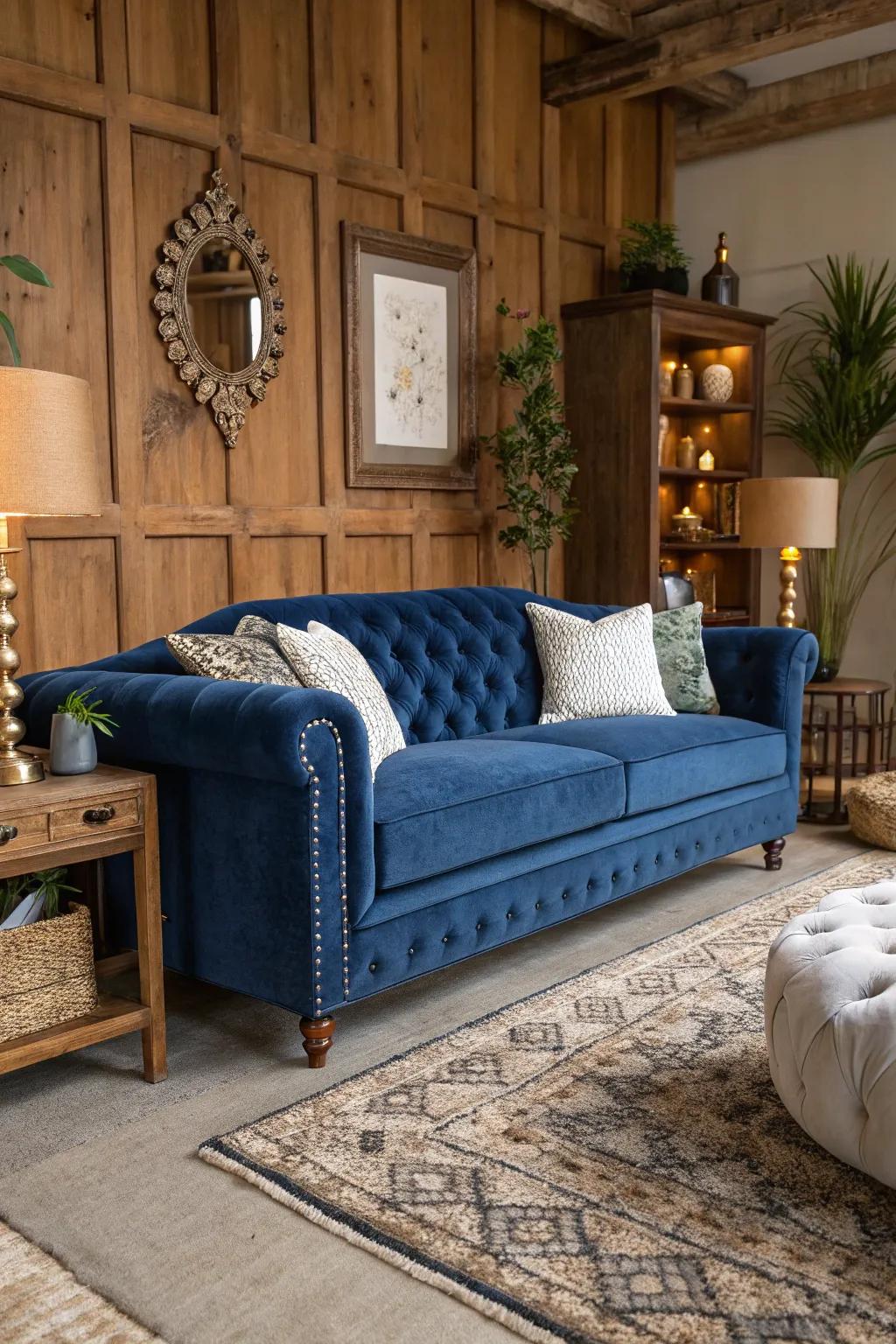 A blend of textures around the sapphire-colored couch introduces dimension and visual interest.